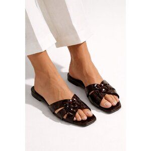 NWB Saint Laurent Tortoiseshell Patent Leather Tribute Slide Sandals Size 36